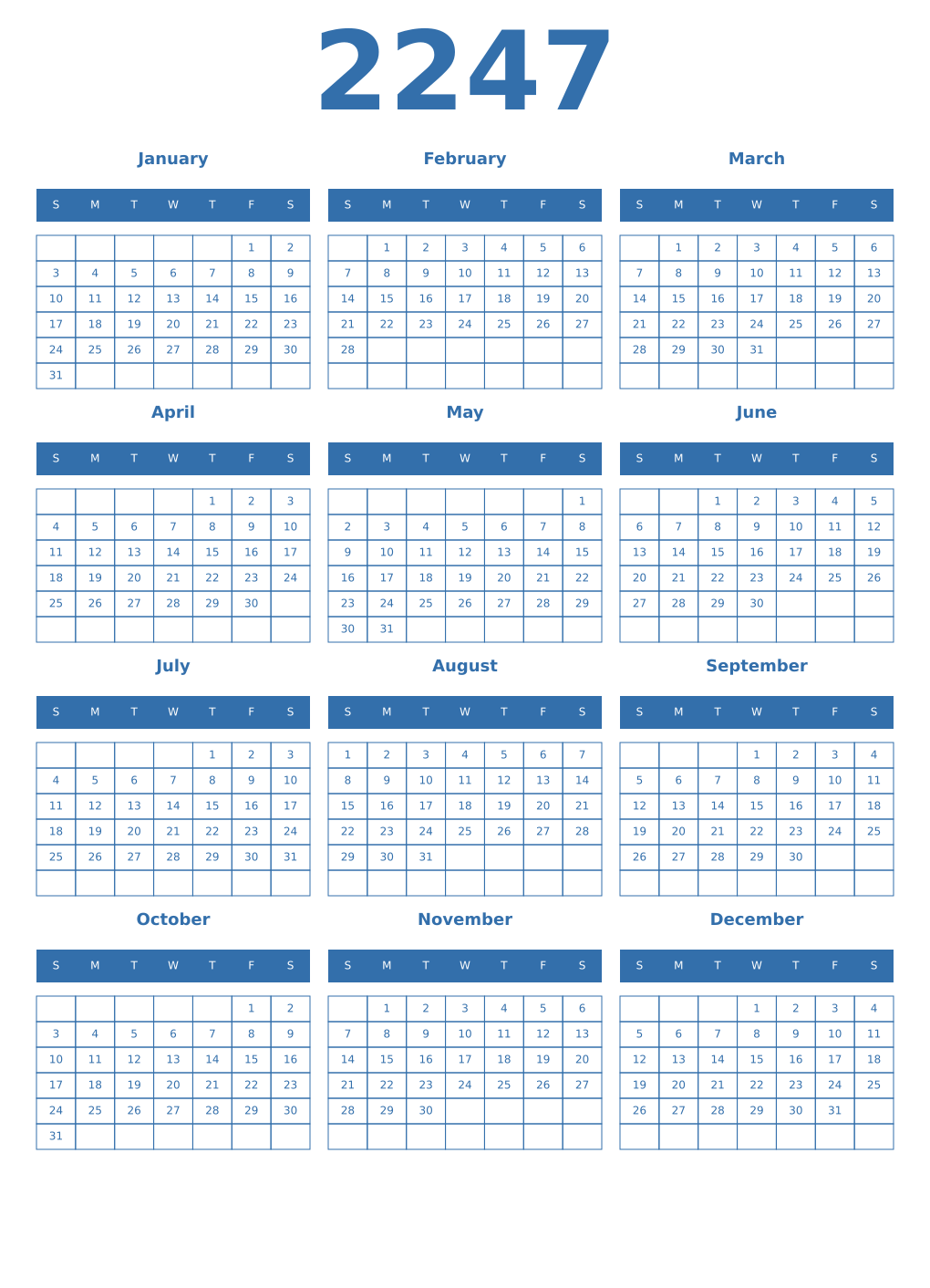 Printable 2247 Year Calendars blue