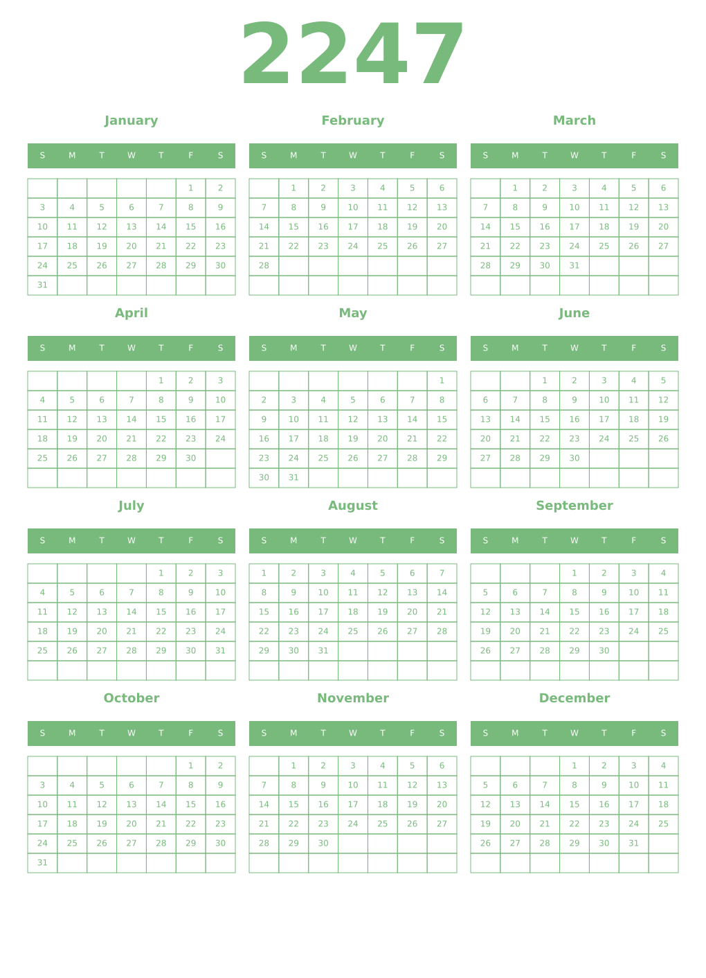 Printable 2247 Year Calendars celadon