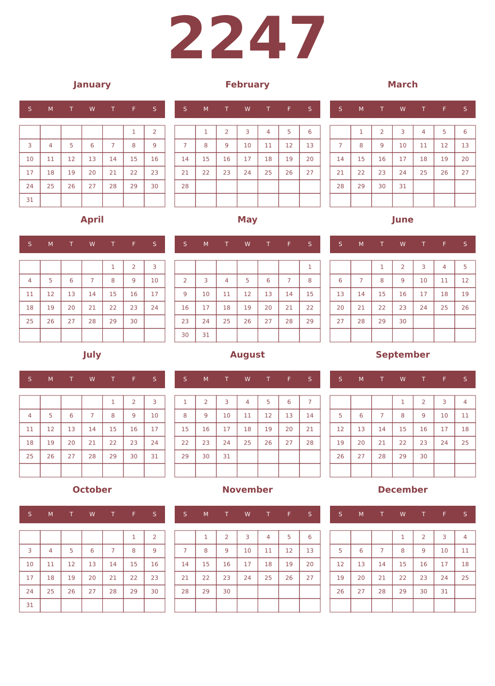 Printable 2247 Year Calendars cordovan