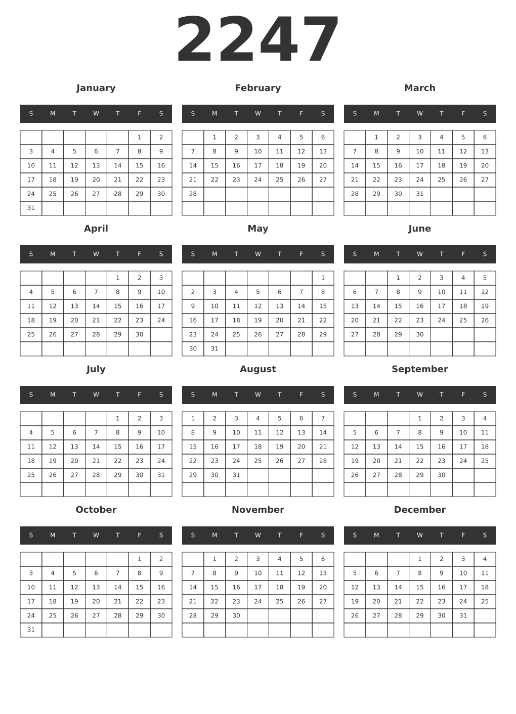 Printable 2247 Year Calendars dark
