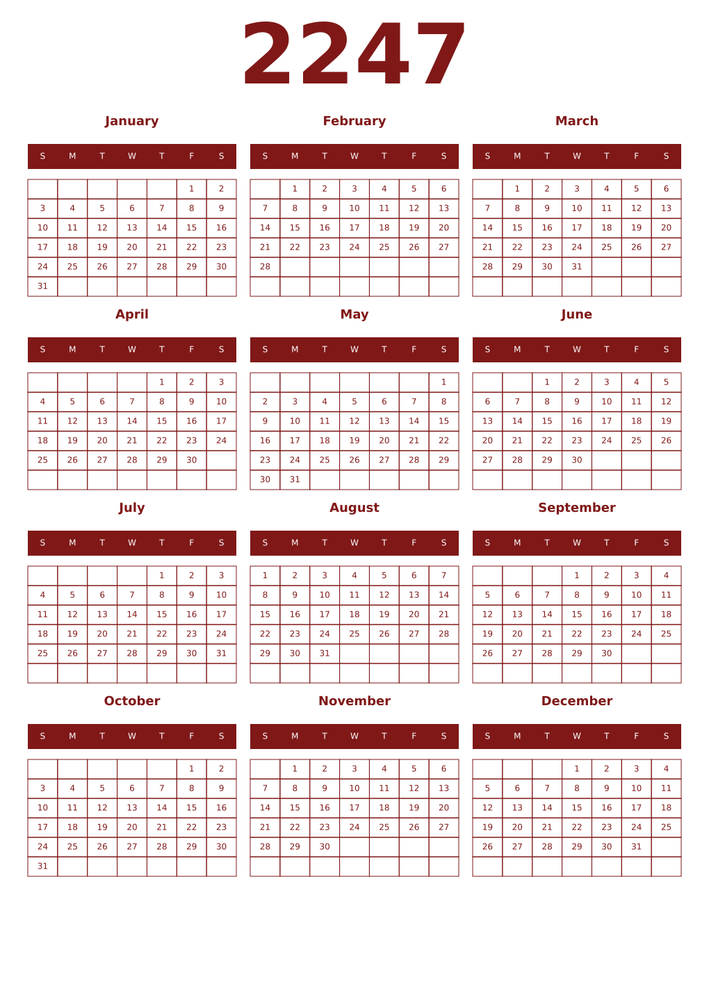 Printable 2247 Year Calendars falu