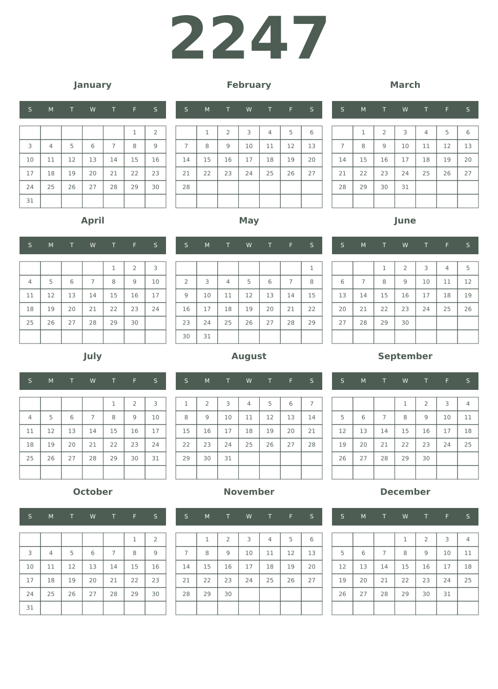 Printable 2247 Year Calendars feldgrau