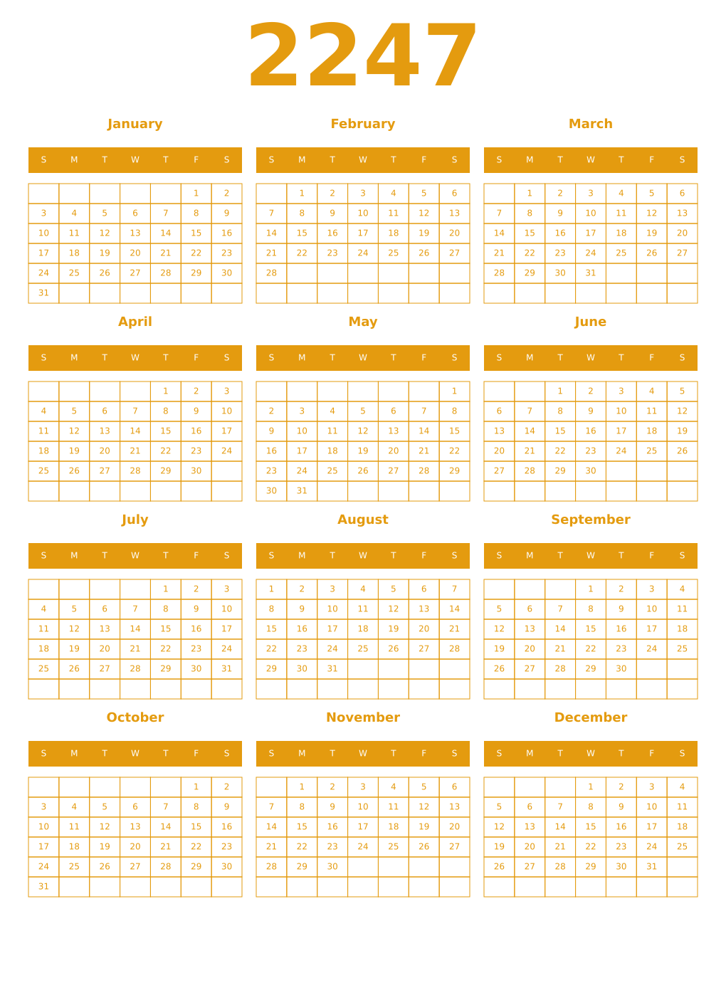 Printable 2247 Year Calendars gamboge