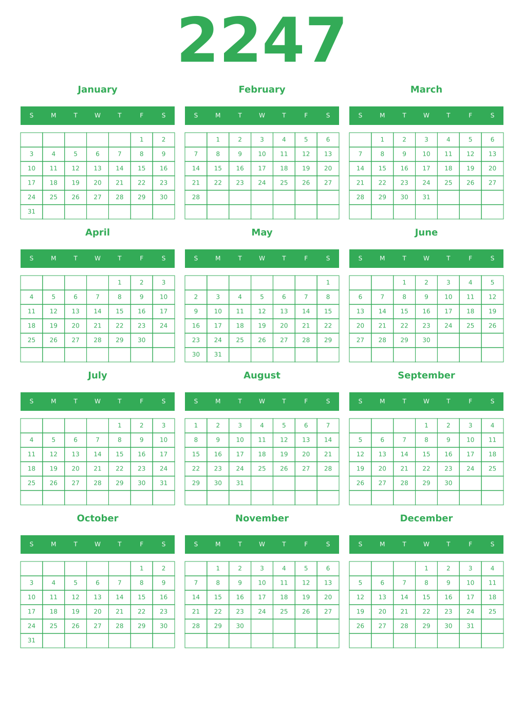 Printable 2247 Year Calendars green