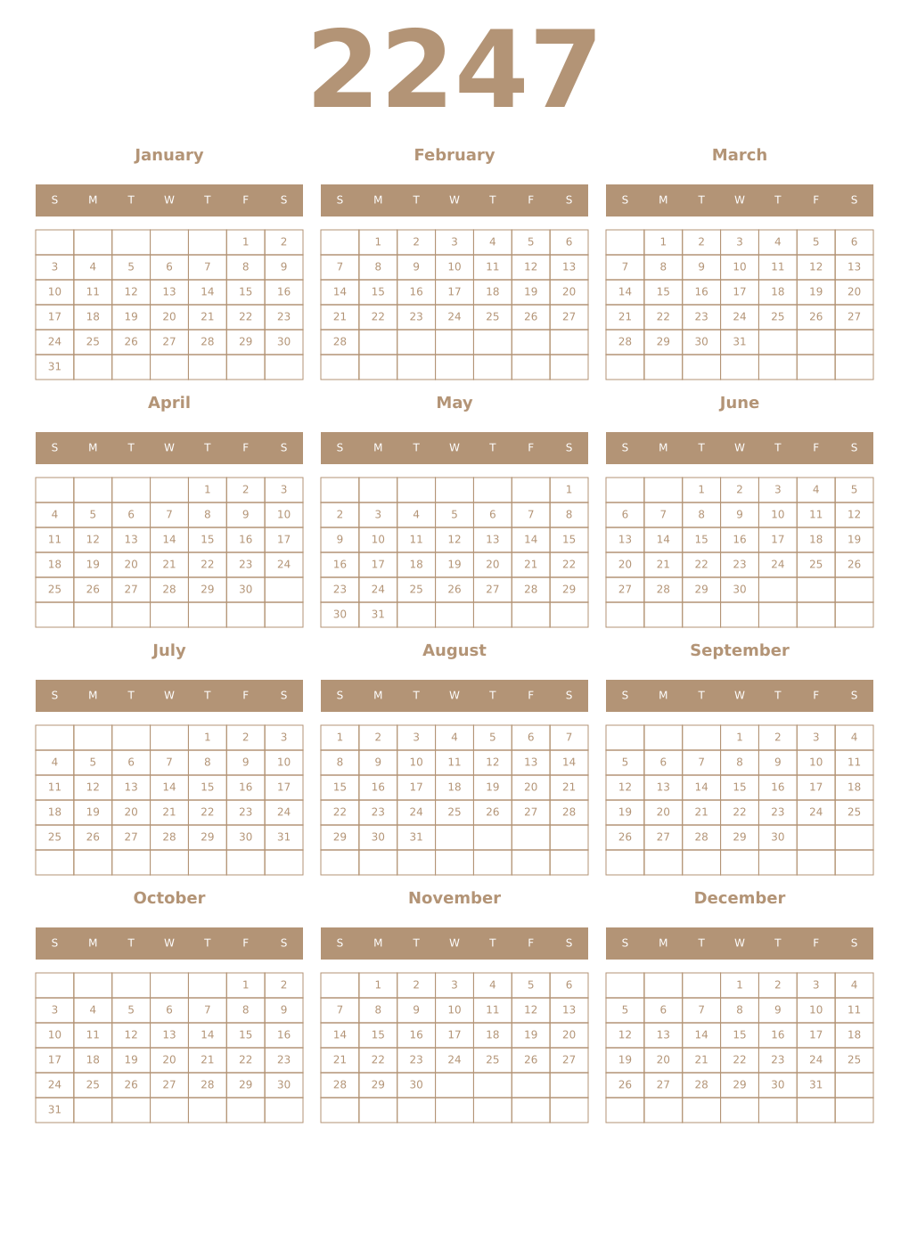 Printable 2247 Year Calendars isabelline
