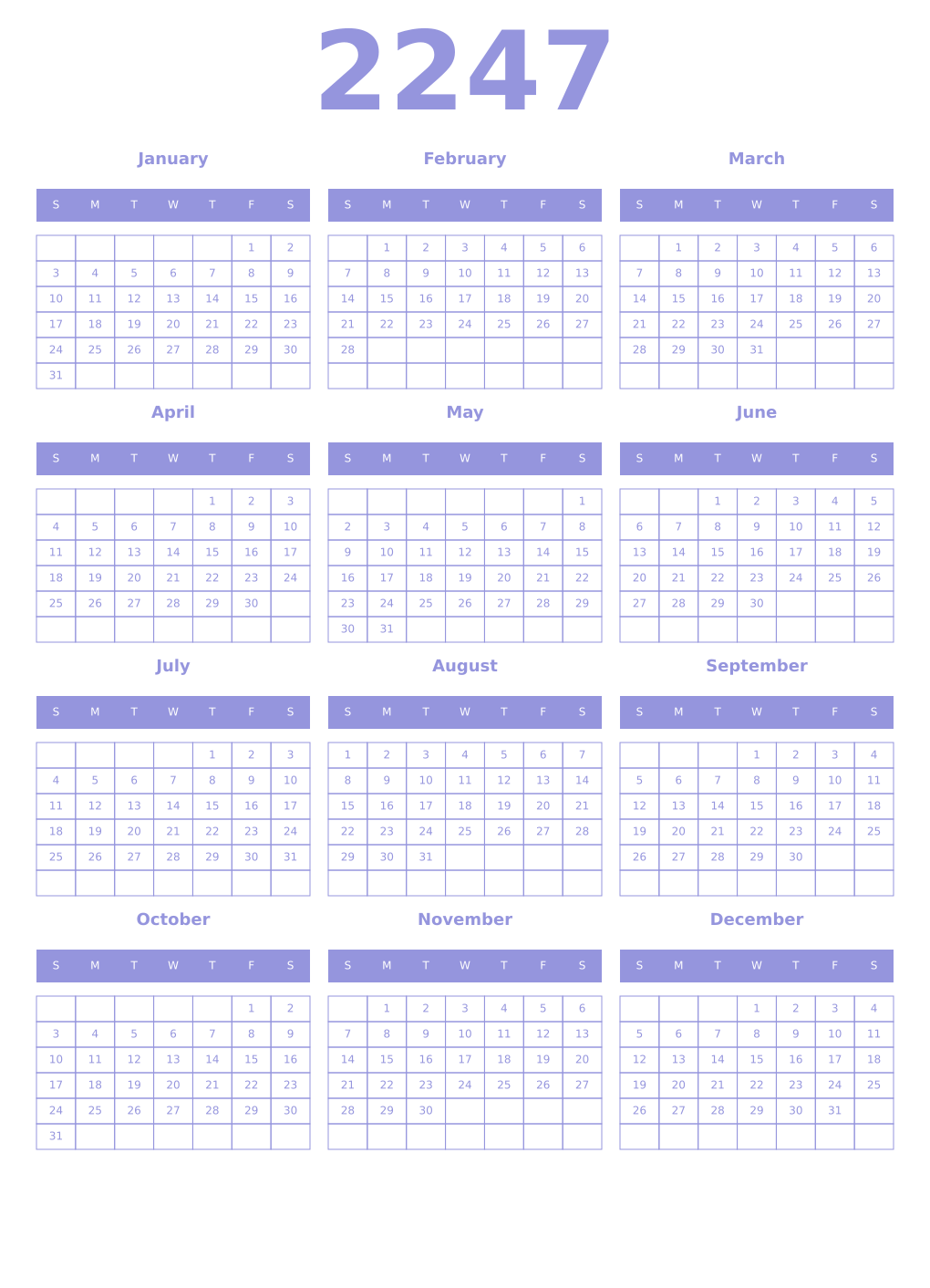 Printable 2247 Year Calendars periwinkle