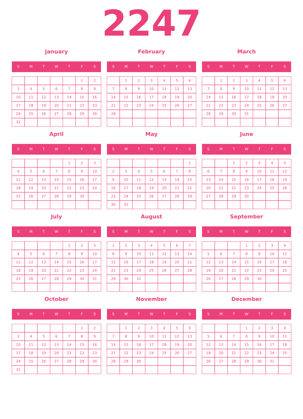 Printable 2247 Year Calendars pink