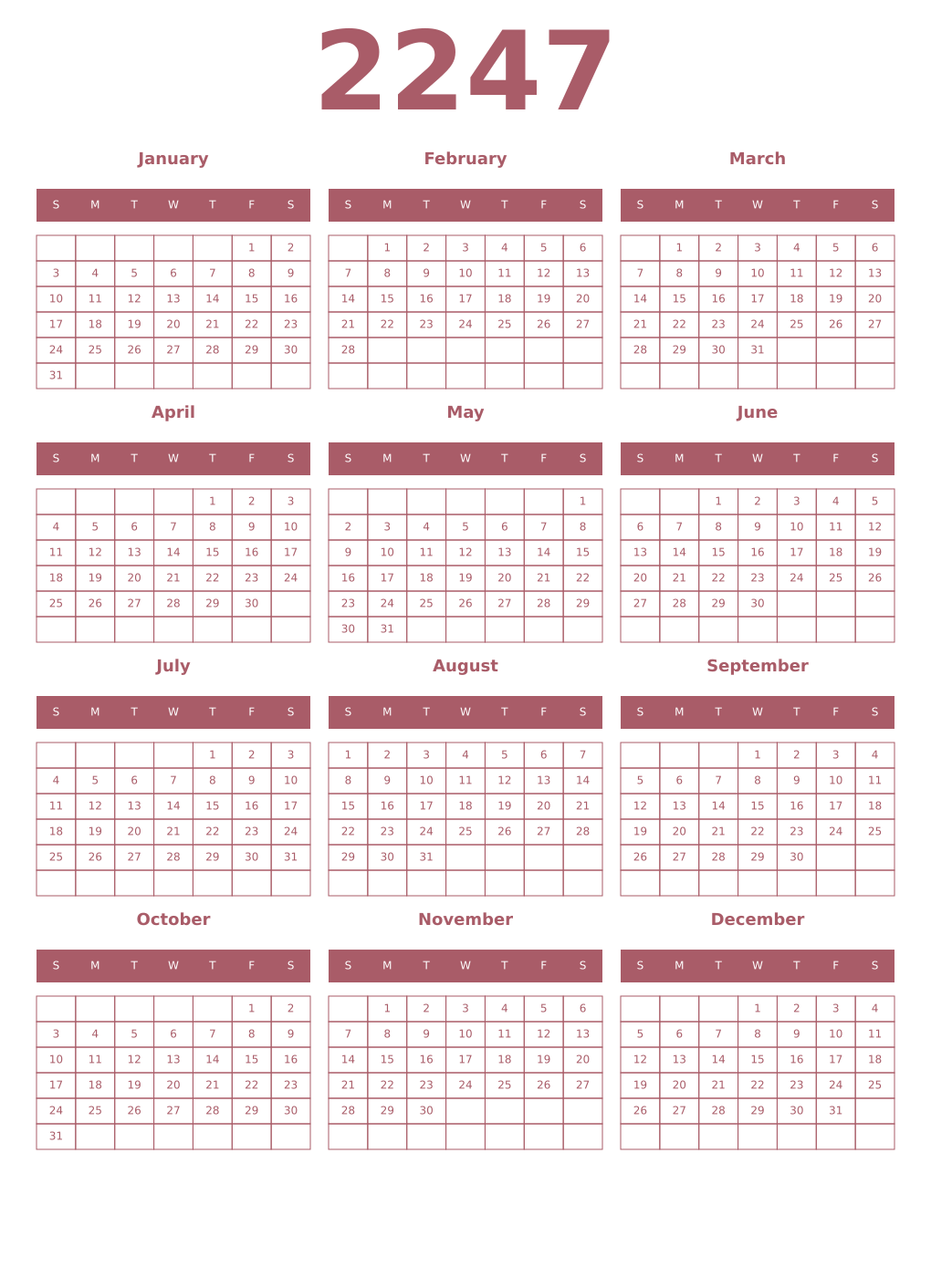 Printable 2247 Year Calendars puce