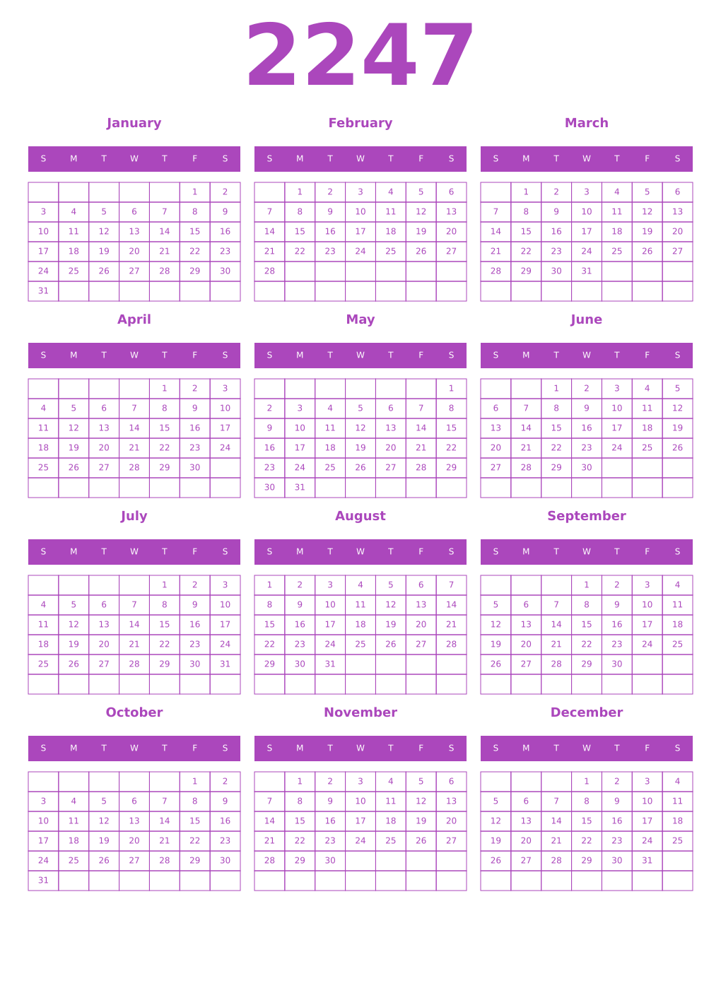 Printable 2247 Year Calendars purple