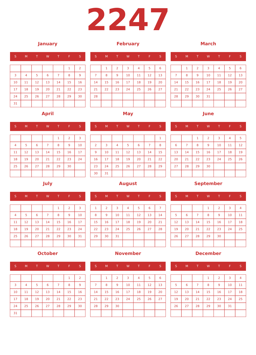 Printable 2247 Year Calendars red
