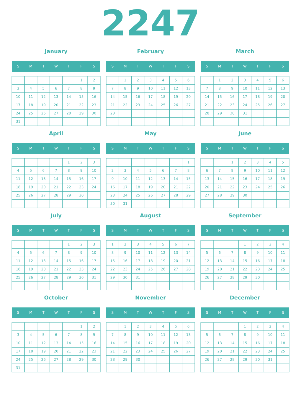 Printable 2247 Year Calendars verdigris