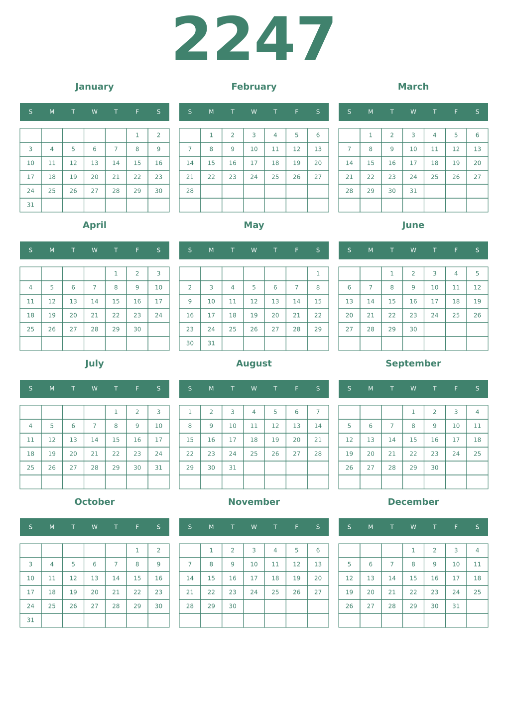Printable 2247 Year Calendars viridian