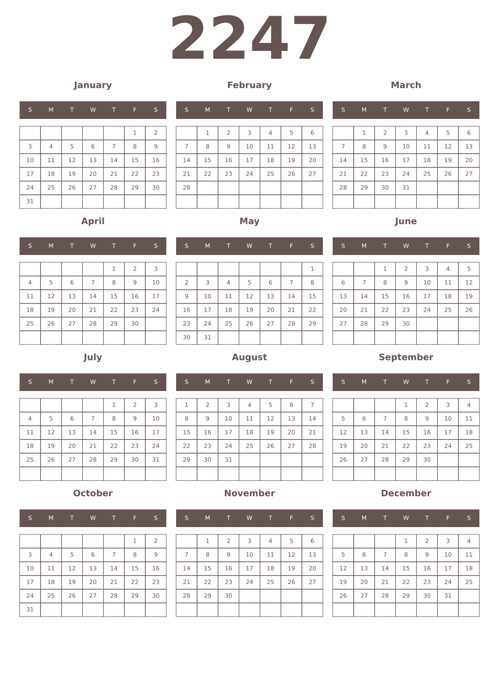 Printable 2247 Year Calendars wenge