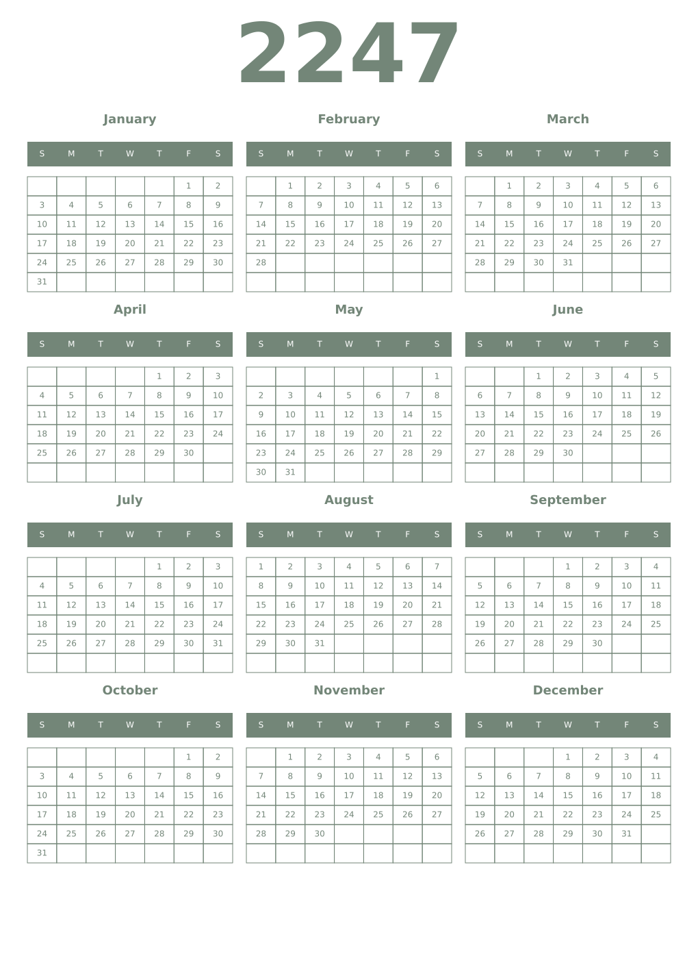 Printable 2247 Year Calendars xanadu