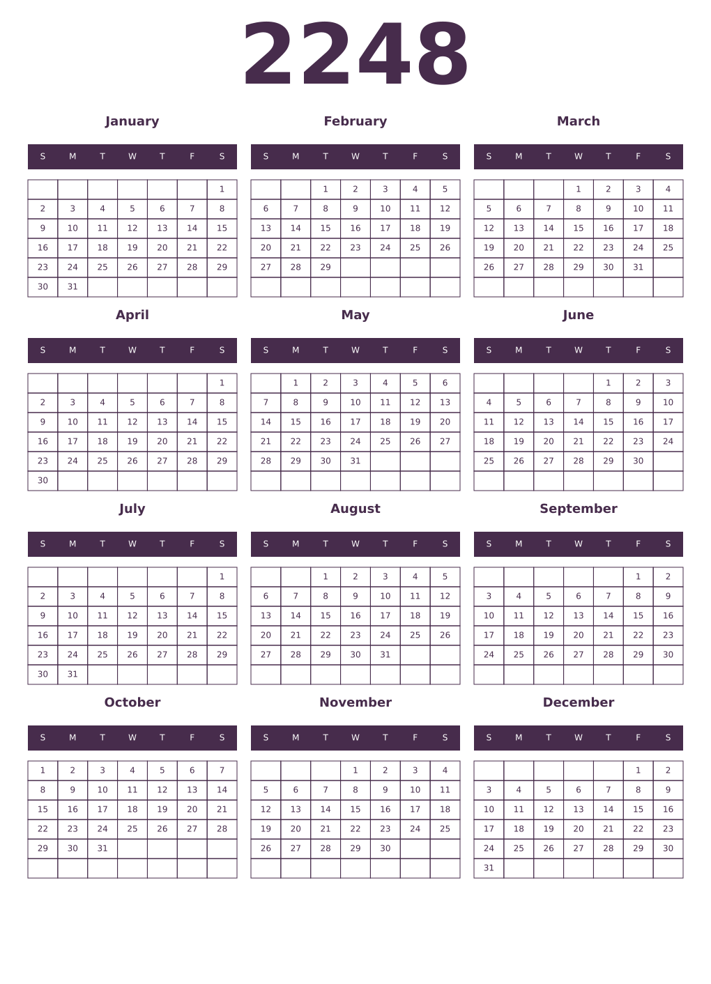 Printable 2248 Year Calendars aubergine