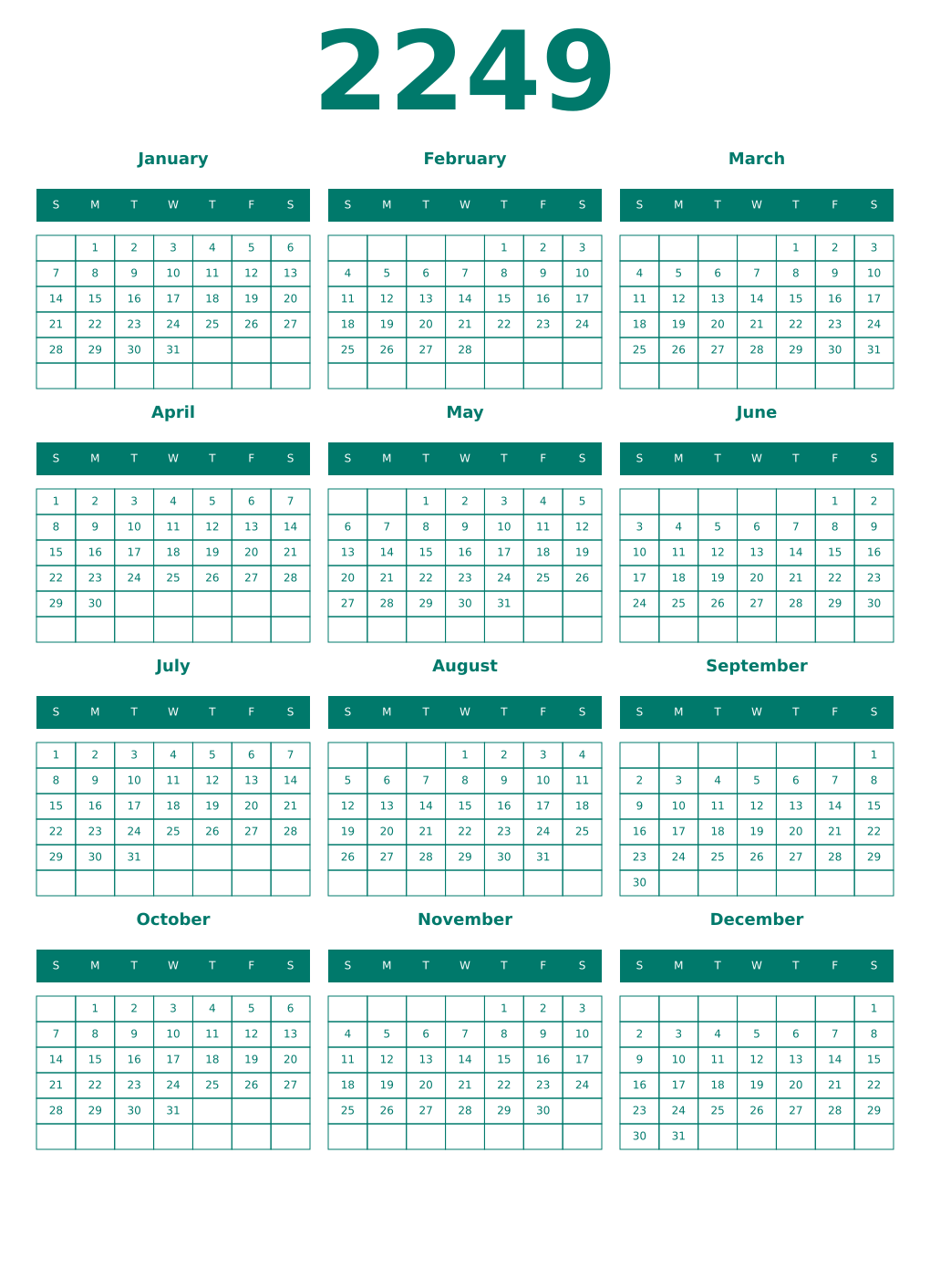 Printable 2249 Year Calendars pastel