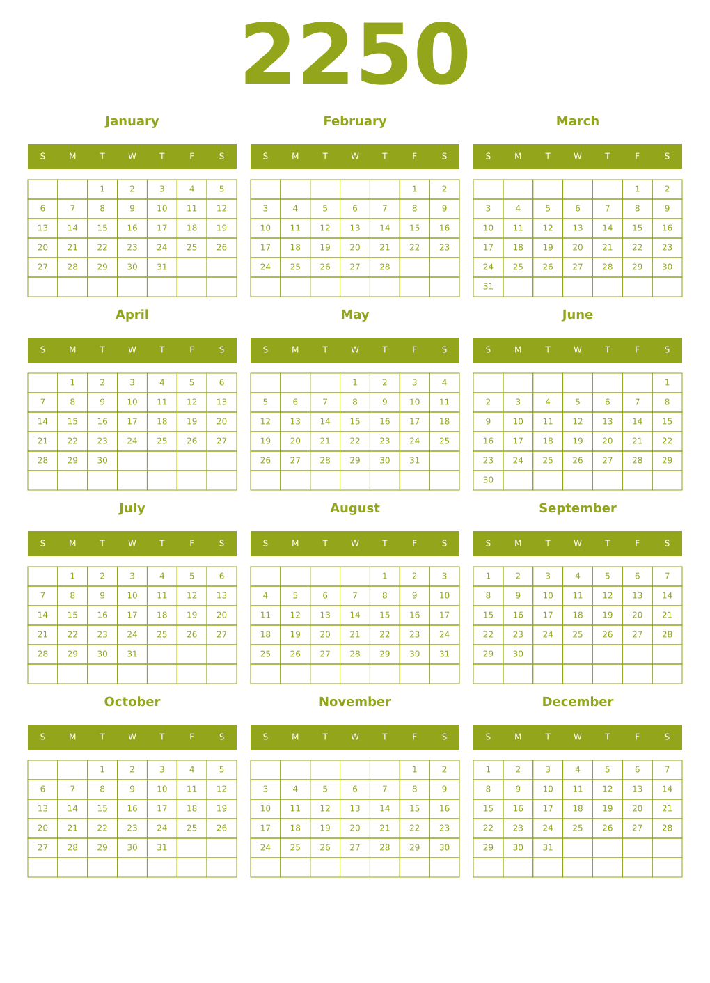 Printable 2250 Year Calendars chartreuse