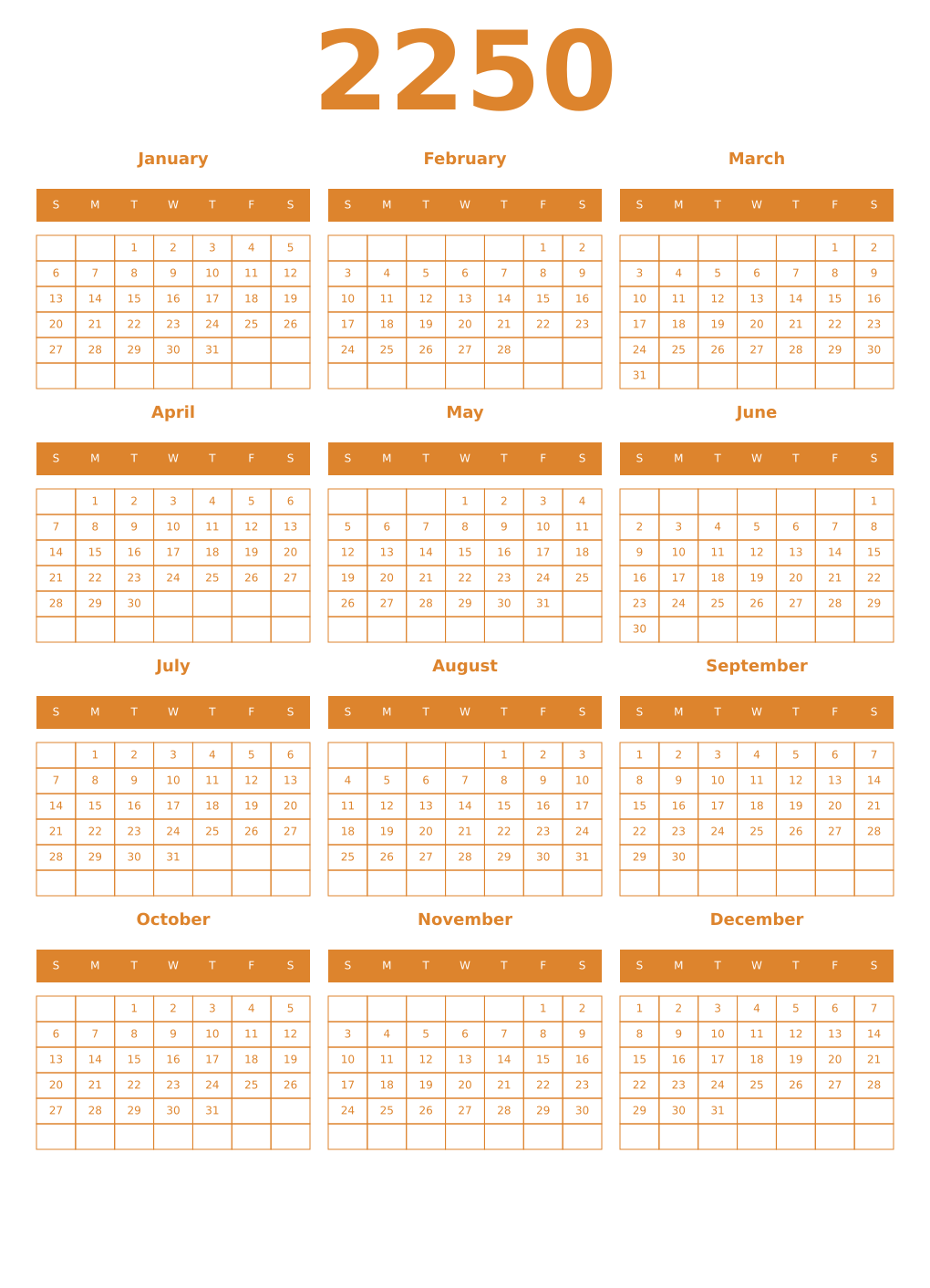 Printable 2250 Year Calendars orange