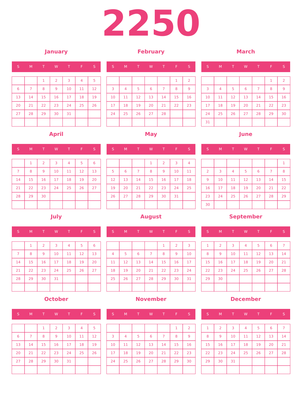 Printable 2250 Year Calendars pink