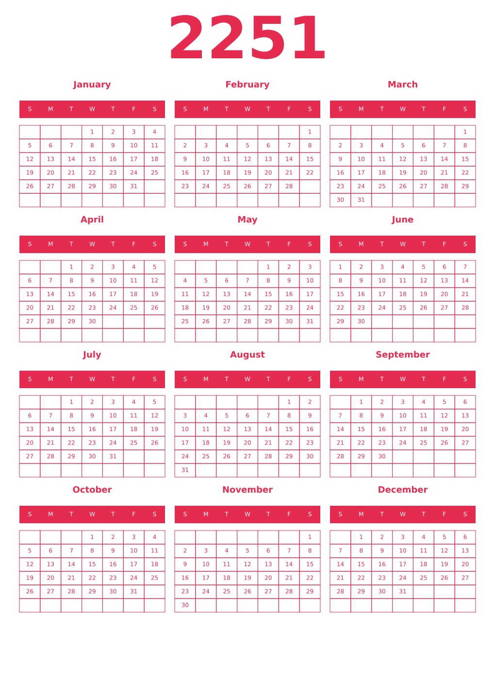 Printable 2251 Year Calendars amaranth