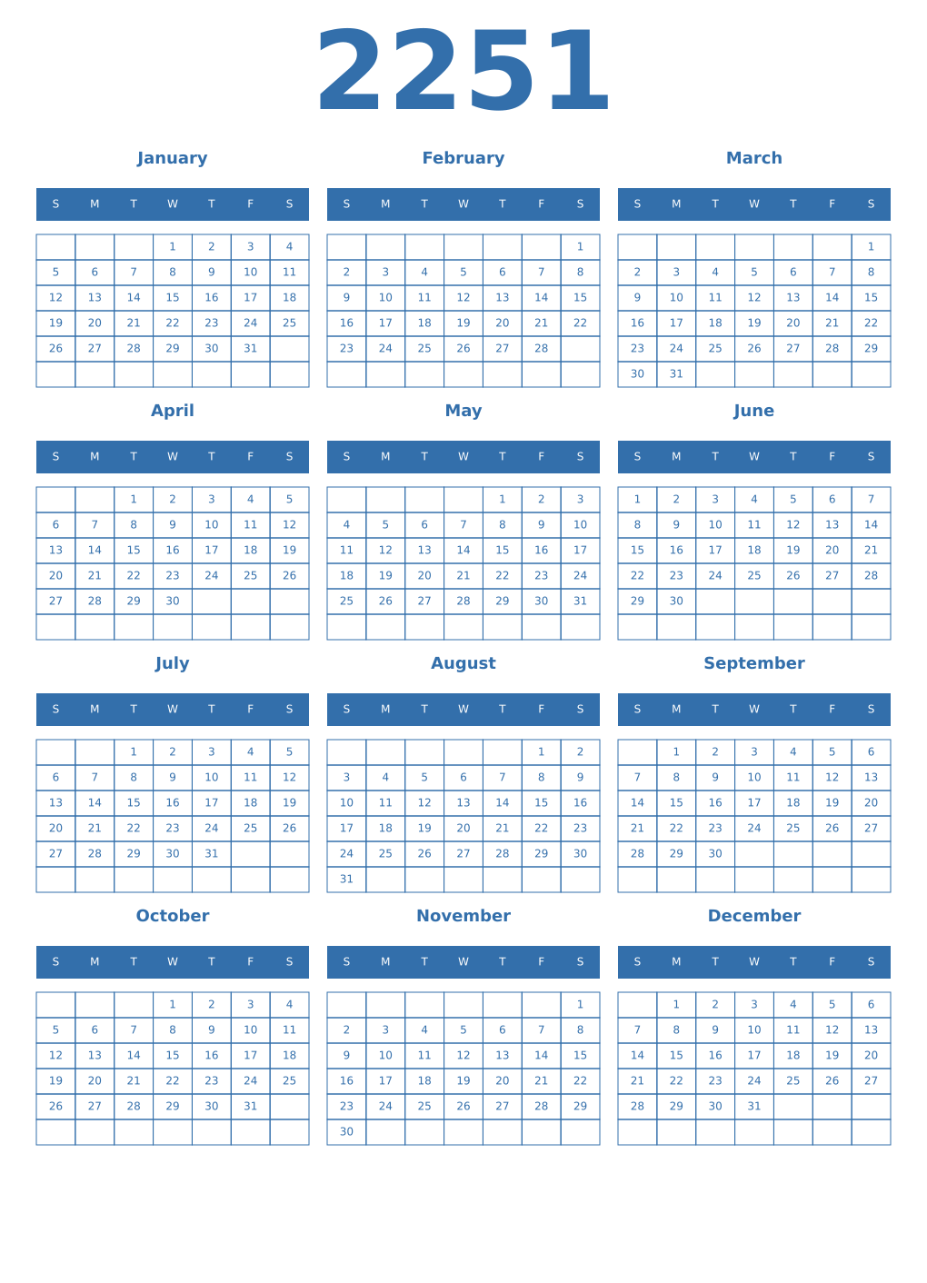 Printable 2251 Year Calendars blue