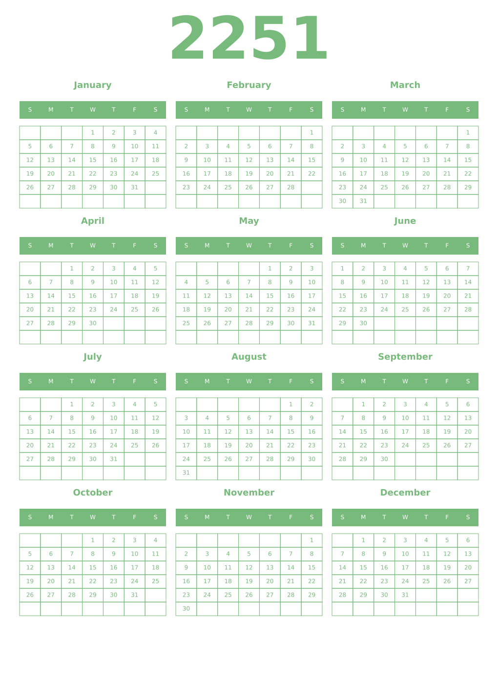Printable 2251 Year Calendars celadon