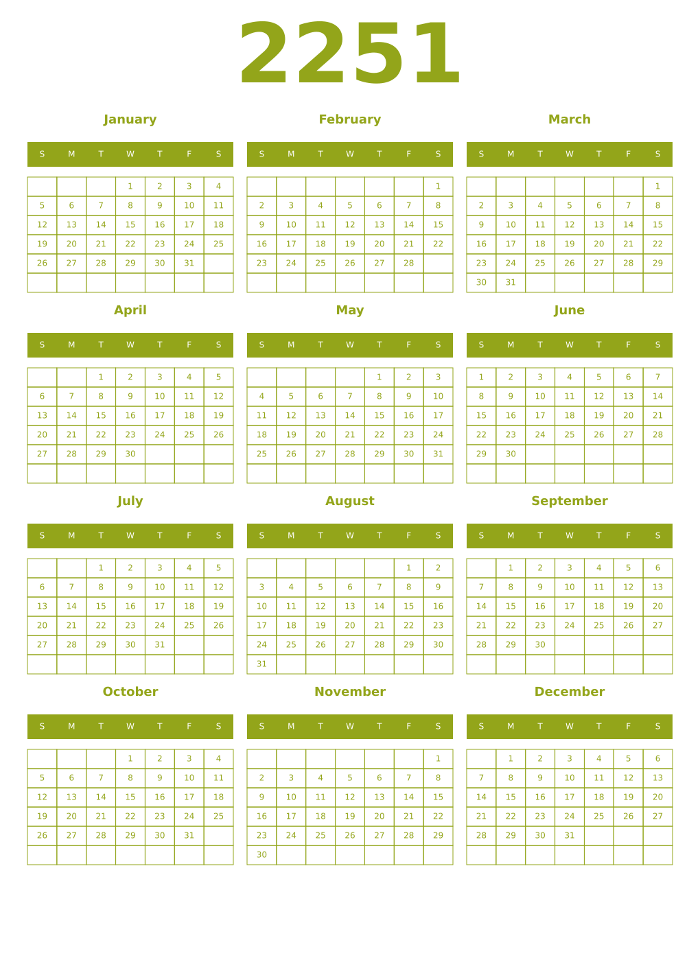 Printable 2251 Year Calendars chartreuse