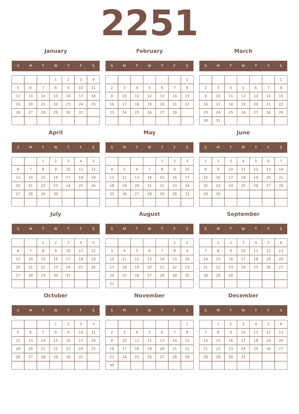 Printable 2251 Year Calendars coffe