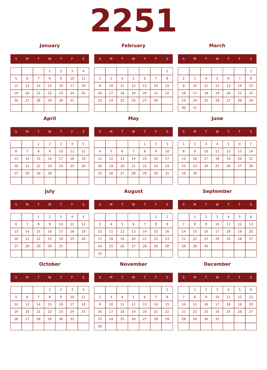 Printable 2251 Year Calendars falu