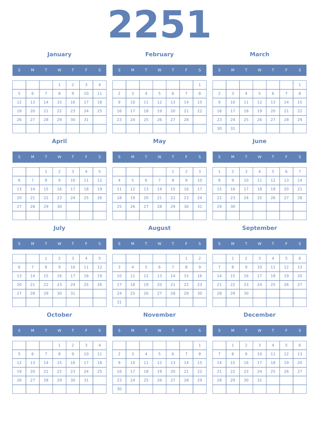 Printable 2251 Year Calendars glaucous