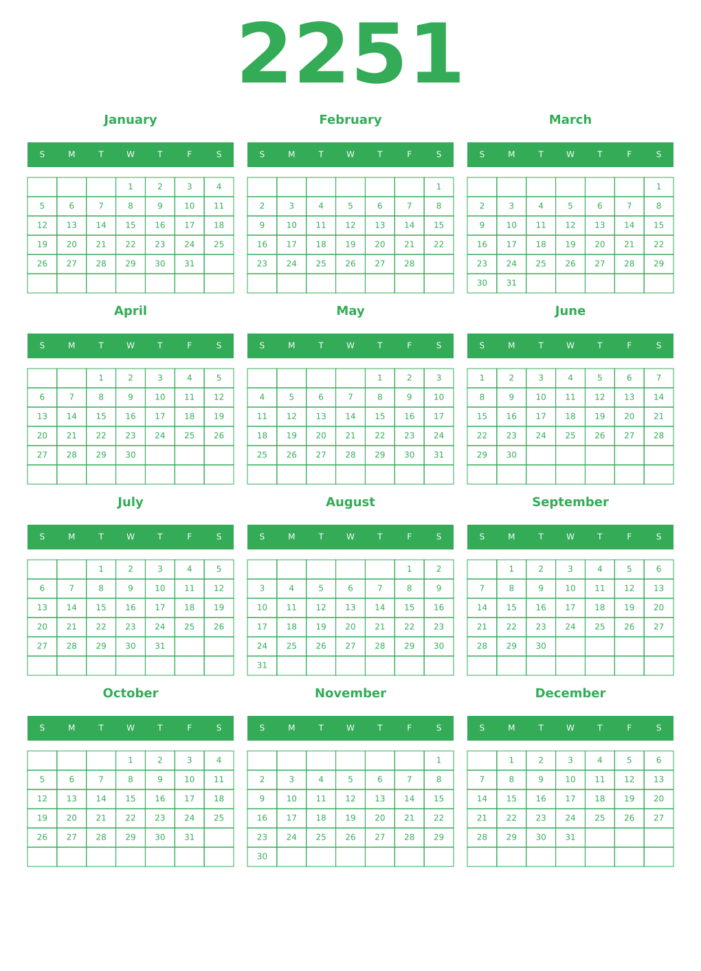 Printable 2251 Year Calendars green