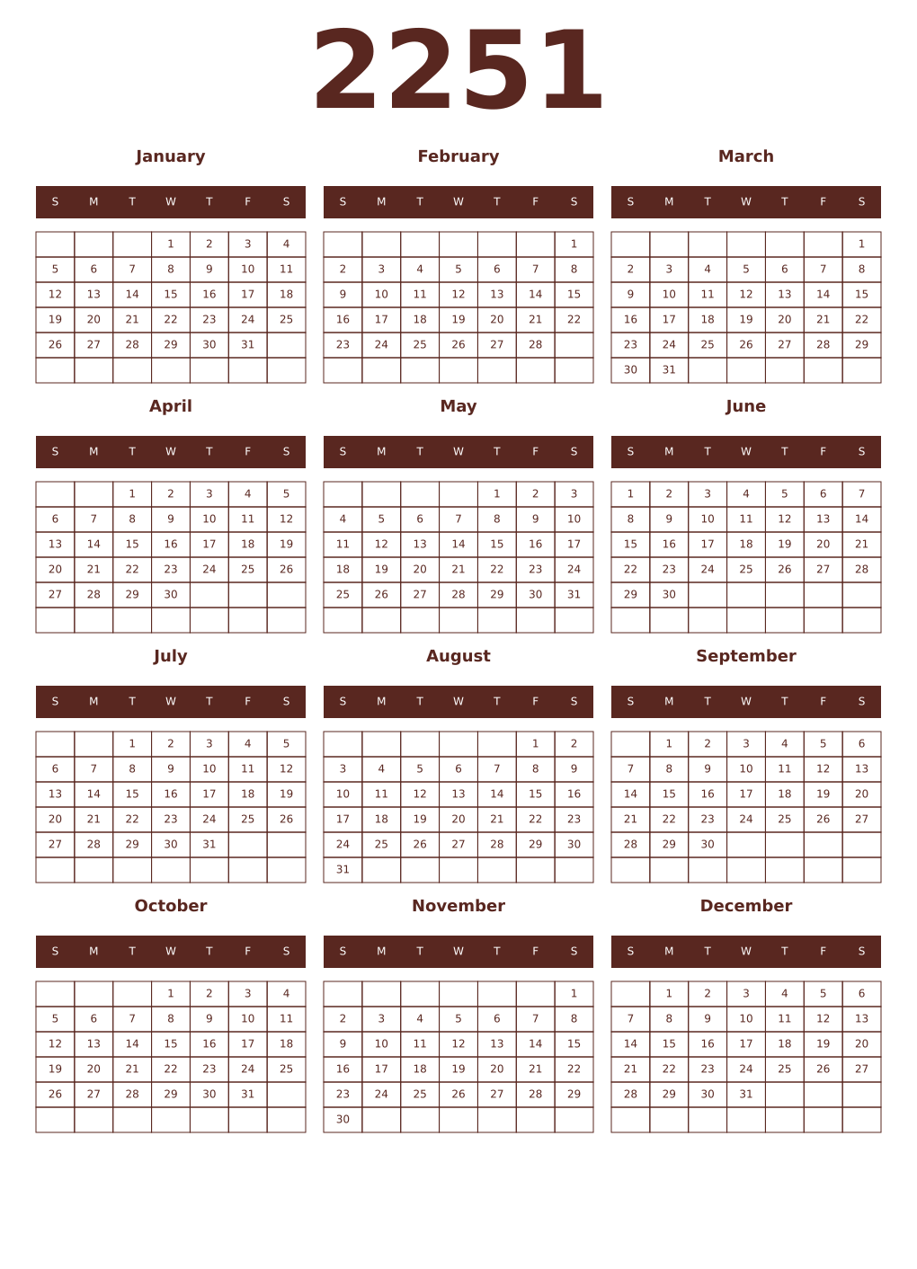 Printable 2251 Year Calendars mortuum