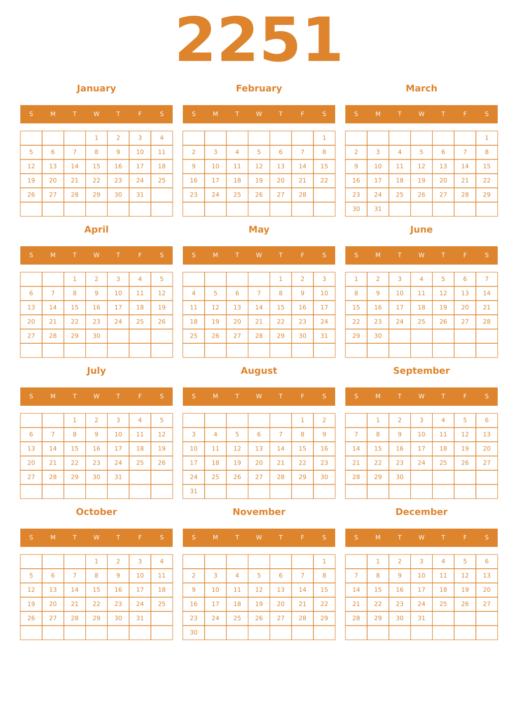 Printable 2251 Year Calendars orange