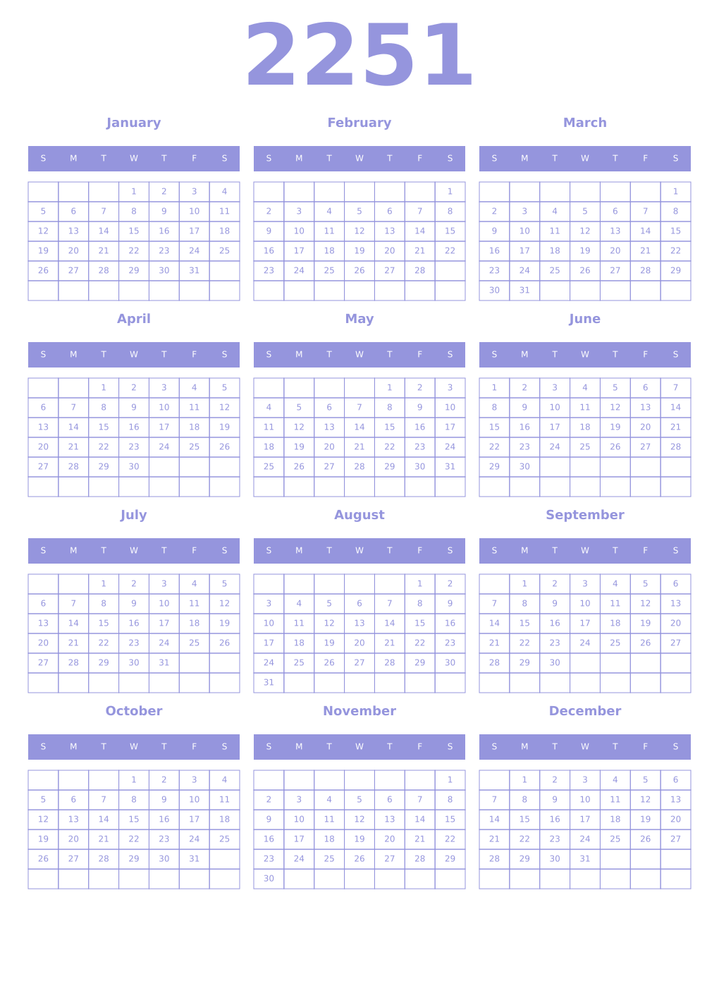 Printable 2251 Year Calendars periwinkle