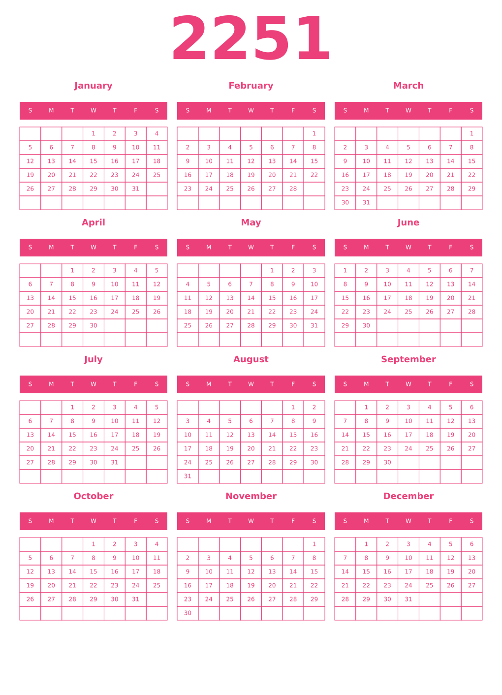 Printable 2251 Year Calendars pink
