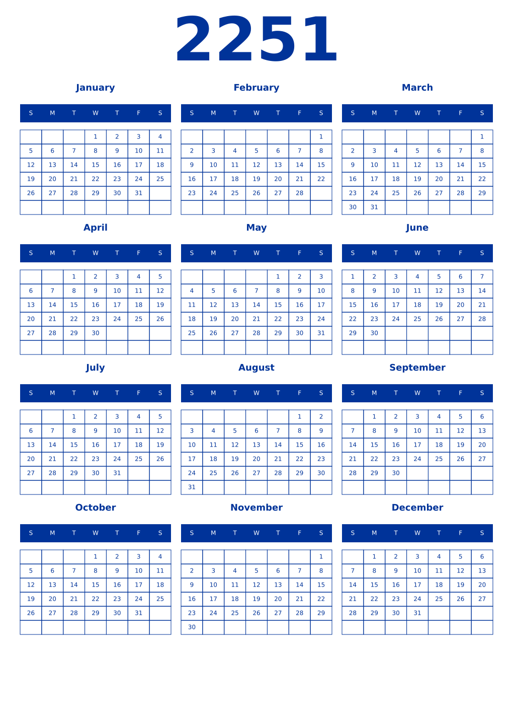 Printable 2251 Year Calendars smalt