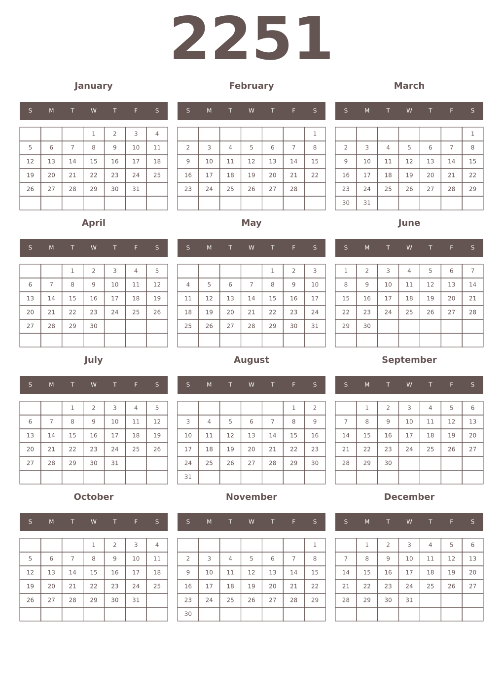 Printable 2251 Year Calendars wenge