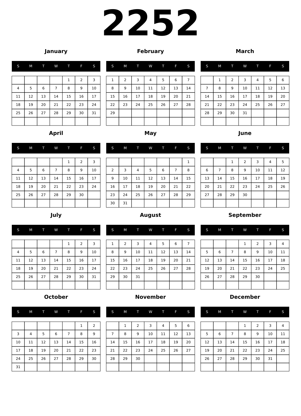 Printable 2252 Year Calendars black
