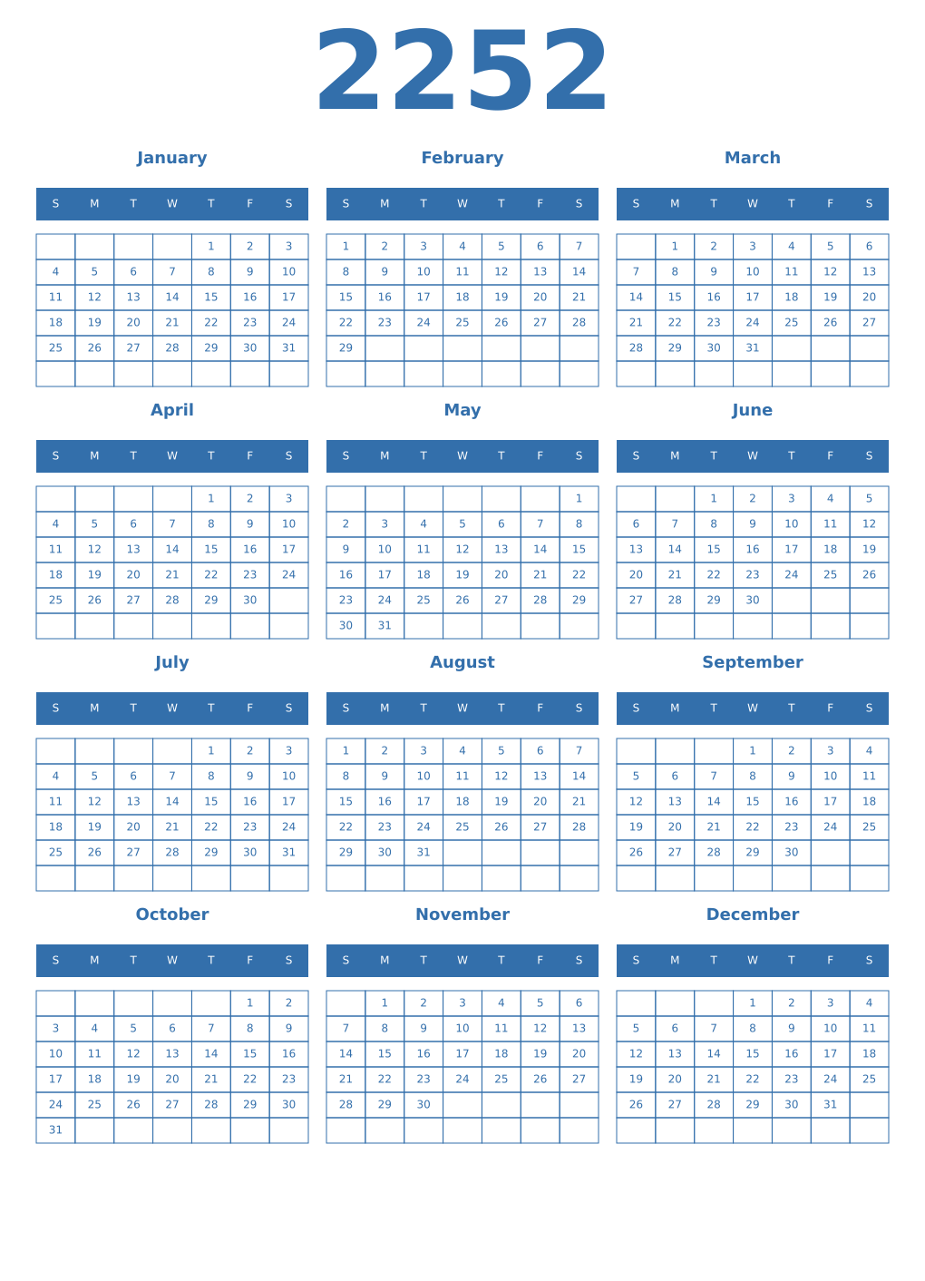 Printable 2252 Year Calendars blue