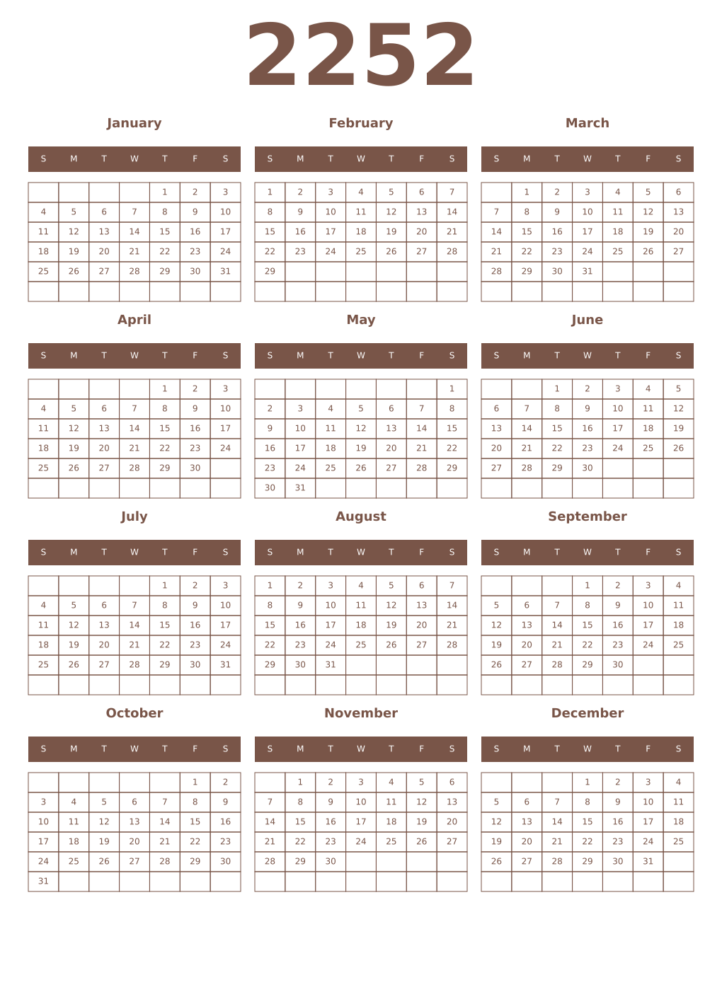 Printable 2252 Year Calendars coffe
