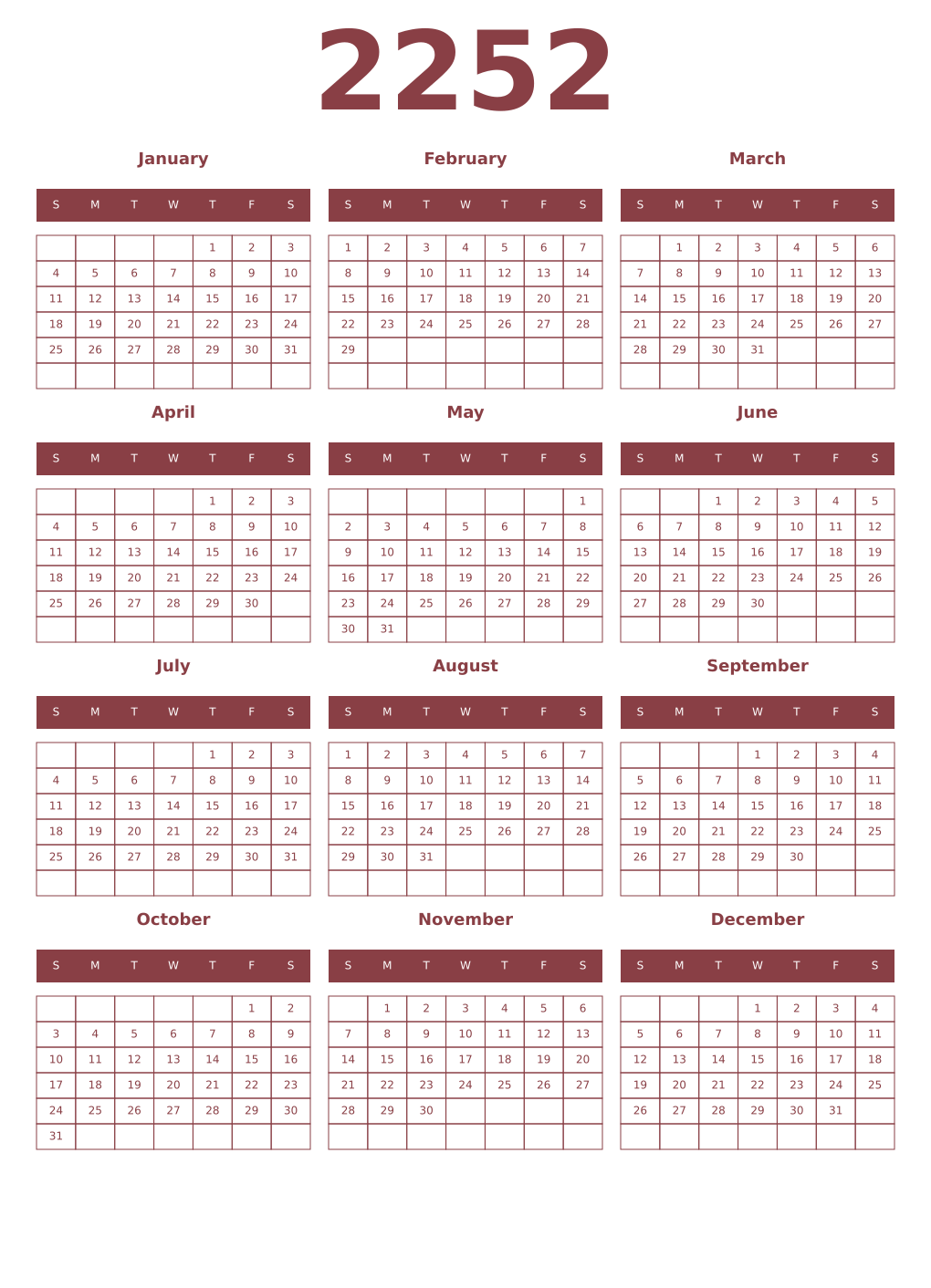 Printable 2252 Year Calendars cordovan