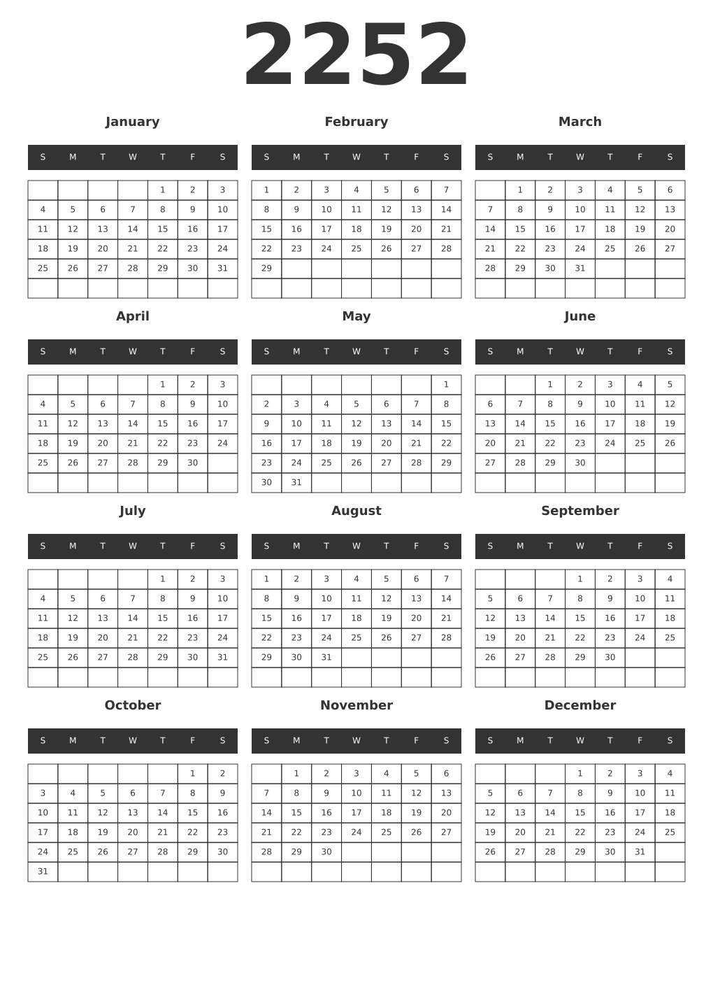 Printable 2252 Year Calendars dark