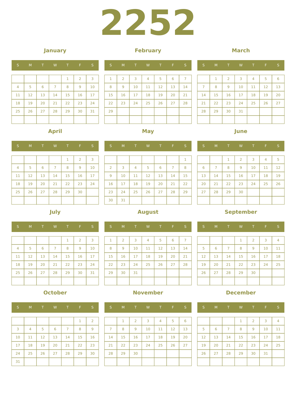 Printable 2252 Year Calendars eburnean