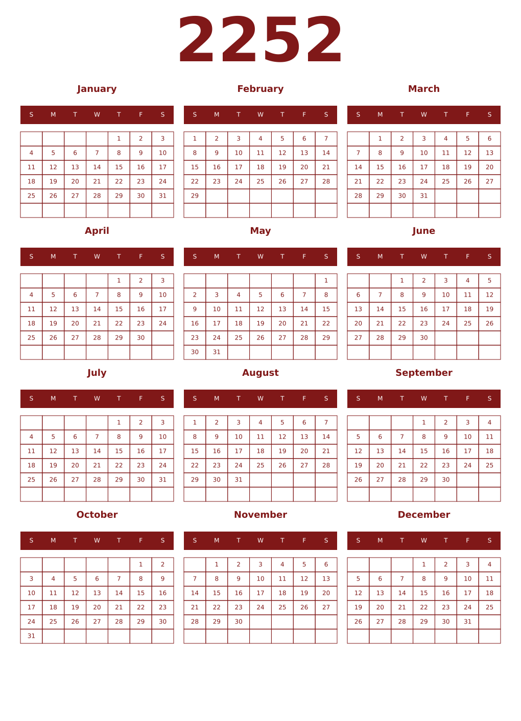 Printable 2252 Year Calendars falu