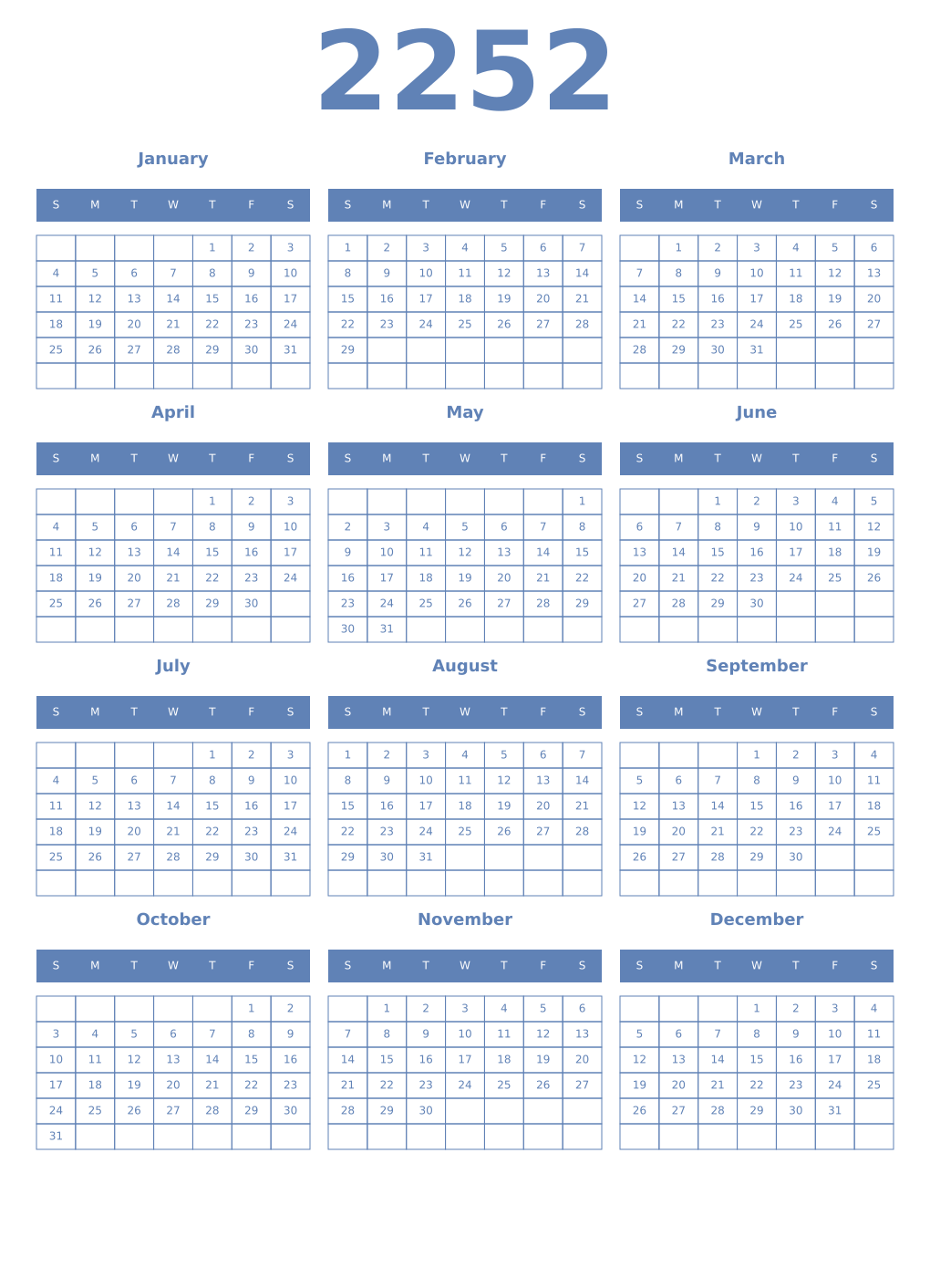 Printable 2252 Year Calendars glaucous