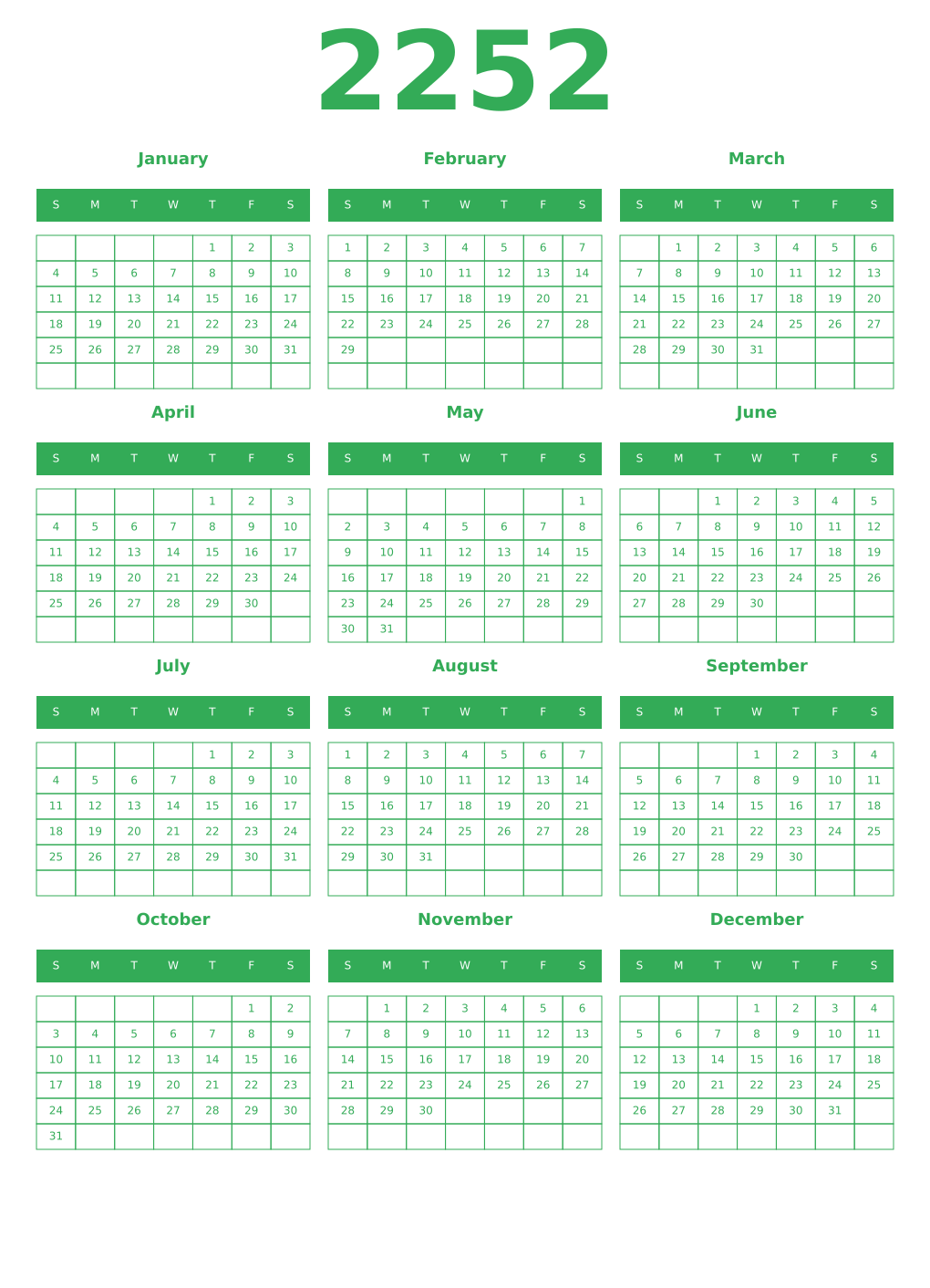 Printable 2252 Year Calendars green