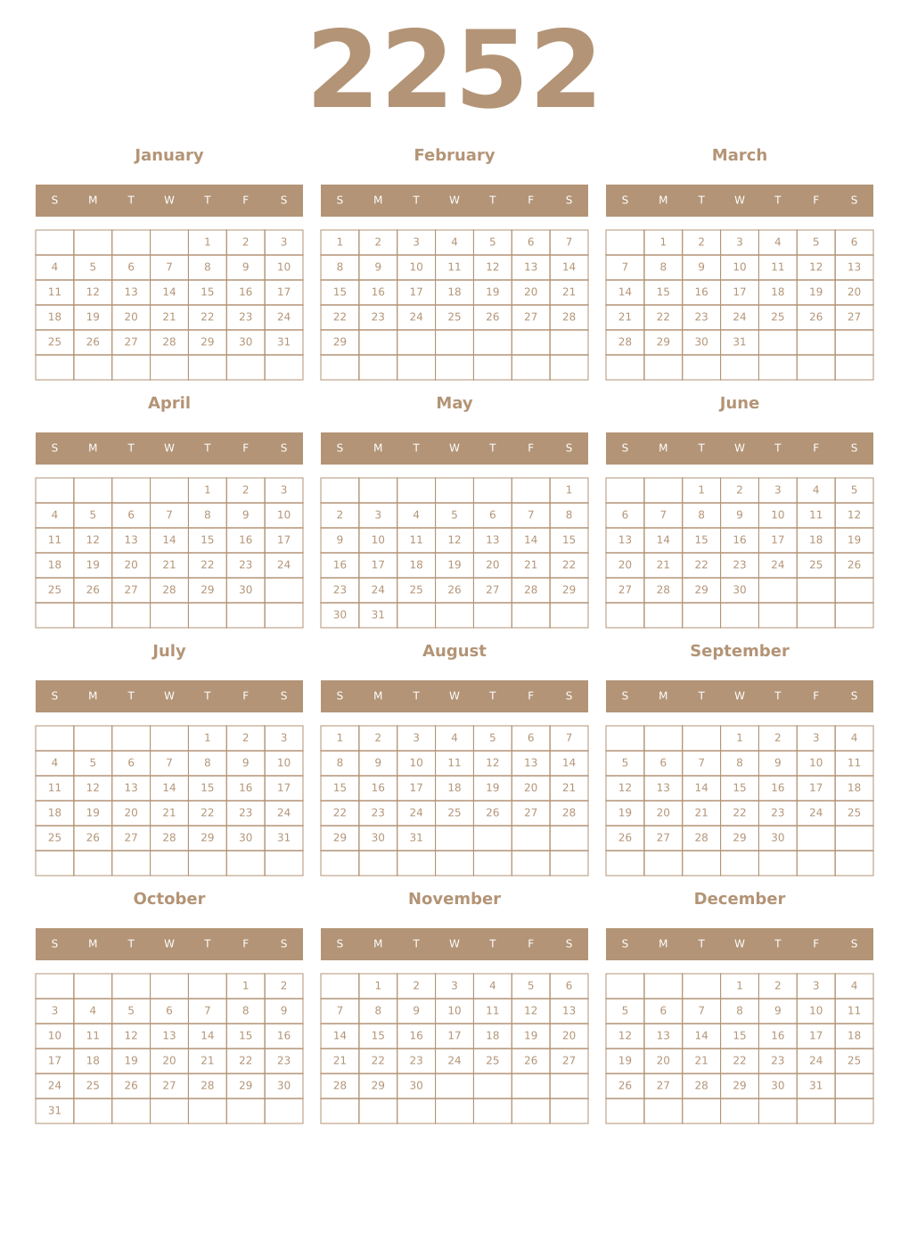 Printable 2252 Year Calendars isabelline