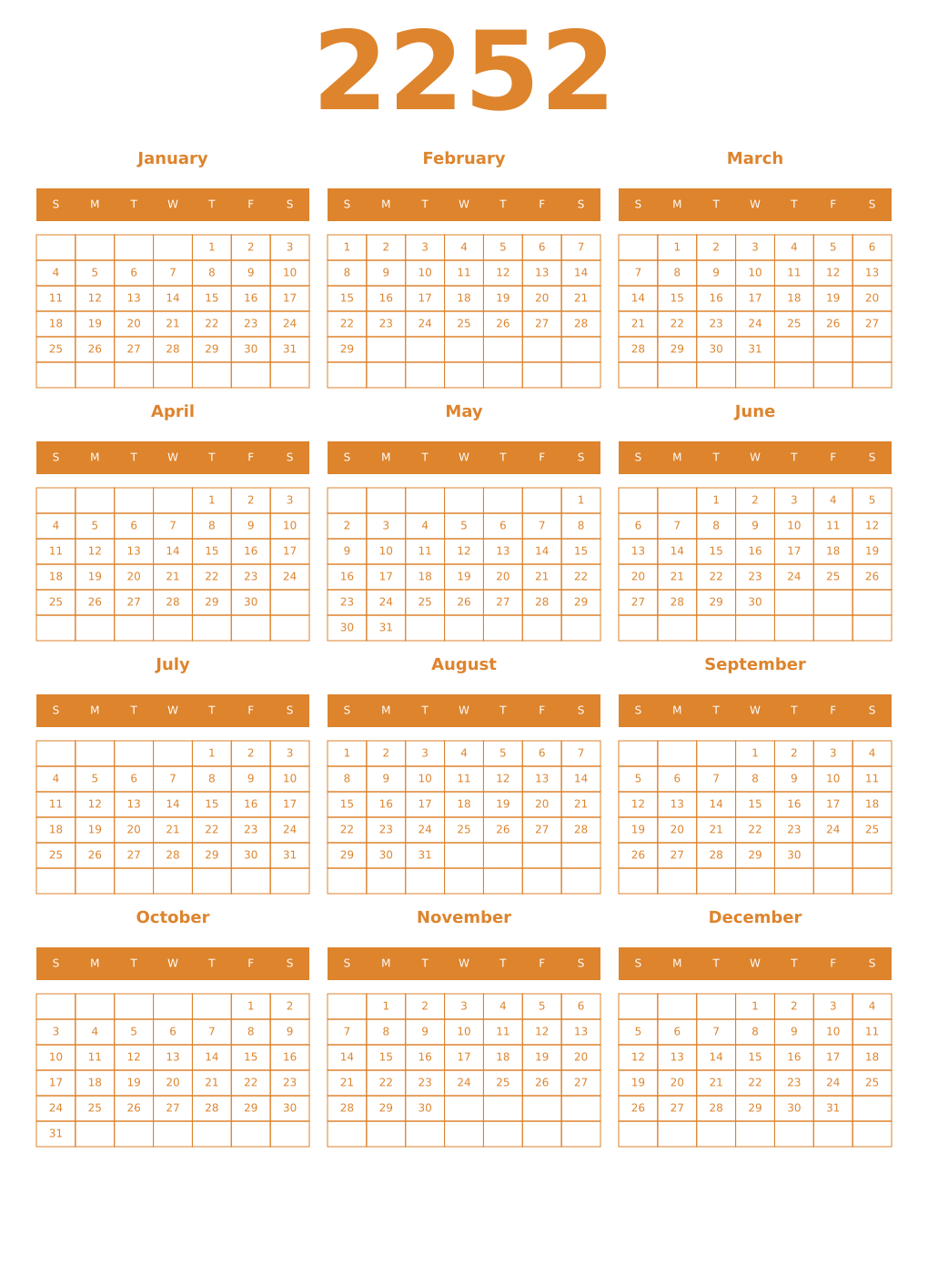 Printable 2252 Year Calendars orange