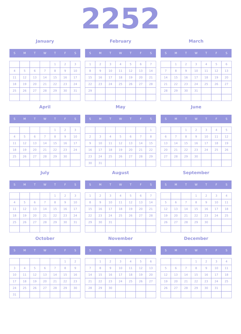 Printable 2252 Year Calendars periwinkle