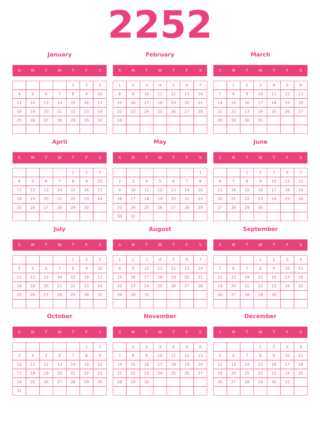 Printable 2252 Year Calendars pink